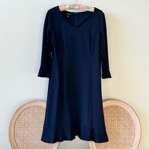 Talbots ponte knit sheath dress with flutter hem and 3/4 sleeves